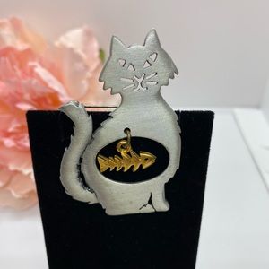 Vintage JJ Jonette Signed Silver Cat Brooch with gold fish
